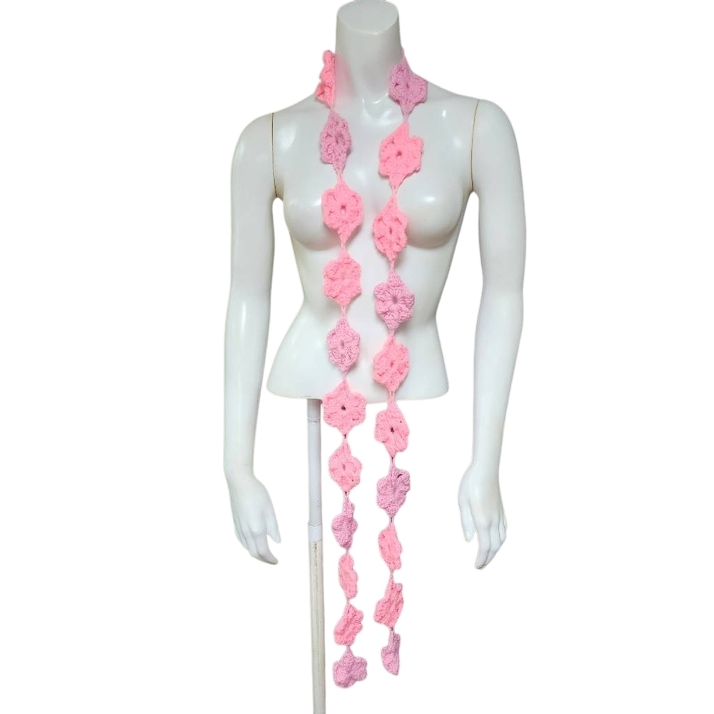 Hand Crafted Crocheted Two Tone Pink Flower Scarf